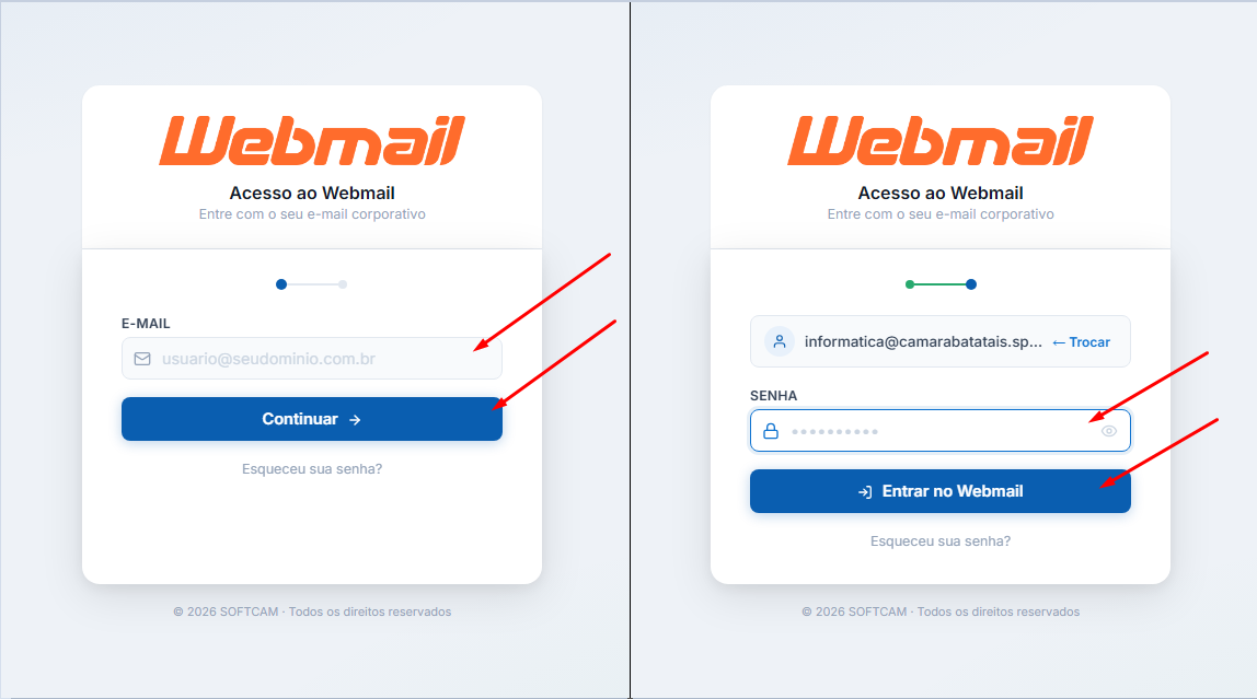 Tela de Login do Webmail Locaweb com setas indicativas