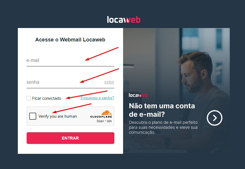 Tela de Login do Webmail Locaweb com setas indicativas