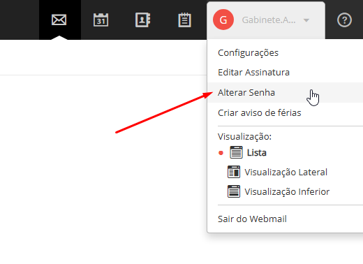 Menu superior direito com seta apontando para Alterar Senha