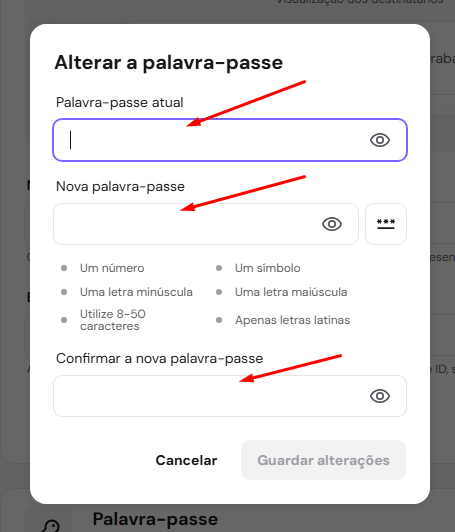 Formulário de alteração de senha com setas indicativas